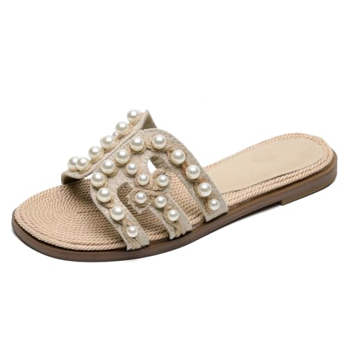 Flache Sandalen Damen Geflochten Perlen Verziert Schlupf Offene Zehen Sommersandalen Flache Hausschuhe Für Strandurlaub Und Casual Tägliches Tragen rutschfest,Pearl,38 EU von MiaZane