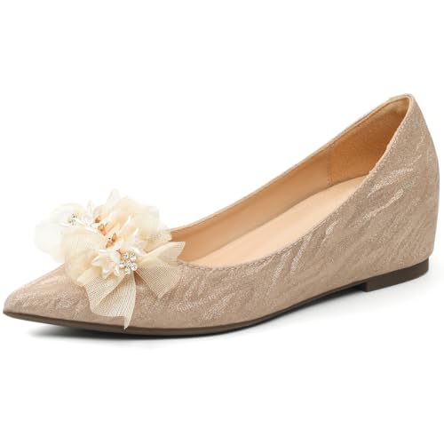 Flache Schuhe Damen Spitze Ballettschuhe Versteckter Absatz Abendschuhe Glitzer Pumps Komfort Schlupf Flache Schuhe Für Täglich Und Hochzeit Atmungsaktive Mikrofaser,Gold,36 EU von MiaZane