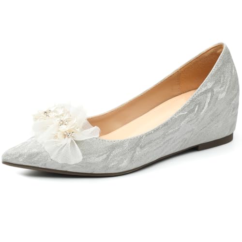 Flache Schuhe Damen Spitze Ballettschuhe Versteckter Absatz Abendschuhe Glitzer Pumps Komfort Schlupf Flache Schuhe Für Täglich Und Hochzeit Atmungsaktive Mikrofaser,Silber,37 EU von MiaZane