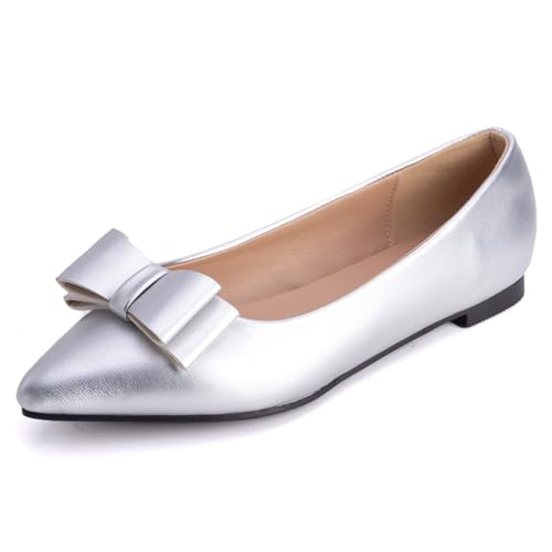 Flache Schuhe Damen Spitze Schlupf Ballettschuhe Lackleder Abendschuhe Niedriger Absatz Flache Öffnung Schuhe Schuhe Für Tägliches Tragen Und Büro Stil,Silber,42 EU von MiaZane