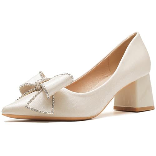 Hochzeitsschuhe Damen Brautschuhe Mit Blockabsatz Pumps Absatzschuhe Damenschuhe Klobige Pumps Mit Strassschleife Und Spitzer Zehe Für Büro Und Cocktailparty,Apricot(Heel:5cm),40 EU von MiaZane
