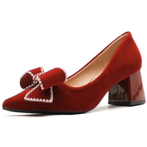 Hochzeitsschuhe Damen Brautschuhe Mit Blockabsatz Pumps Absatzschuhe Damenschuhe Klobige Pumps Mit Strassschleife Und Spitzer Zehe Für Büro Und Cocktailparty,Red(Heel:3cm),39 EU von MiaZane