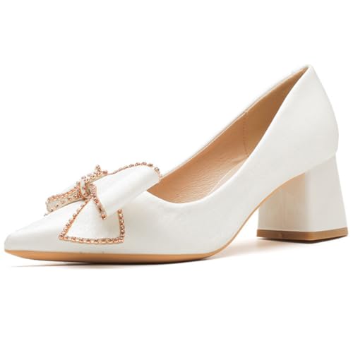 Hochzeitsschuhe Damen Brautschuhe Mit Blockabsatz Pumps Absatzschuhe Damenschuhe Klobige Pumps Mit Strassschleife Und Spitzer Zehe Für Büro Und Cocktailparty,White(Heel:3cm),40 EU von MiaZane