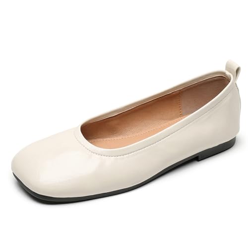 Klassische Ballerinas Damen Flacher Absatz Schlupf Komfort Quadratische Zehe Pumps Schuhe Weiches Leder Für Täglichen Arbeitsweg Und Büro Weich,Almond,38 EU von MiaZane