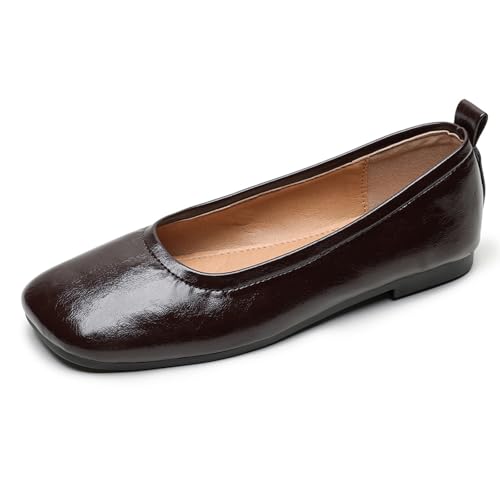 Klassische Ballerinas Damen Flacher Absatz Schlupf Komfort Quadratische Zehe Pumps Schuhe Weiches Leder Für Täglichen Arbeitsweg Und Büro Weich,Braun,40 EU von MiaZane