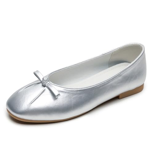 Klassische Ballettschuhe Damen Loafers Schleife Schlupfschuhe Rundspitze Für Tägliches Gehen & Frühlingspendeln Weiche Sohle Ultra Fiber,Silber,40 EU von MiaZane