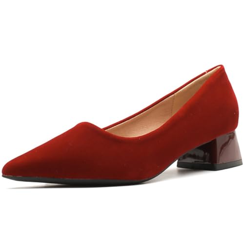 Klassische Pumps Damen Blockabsatz Spitze Zehen Modell Kleider Bequeme Niedriger Absatz Hochzeits-Schuh Für Büro Pendeln Und Vorstellungsgespräch Weiches Futter,Red(Heel:3cm),38 EU von MiaZane