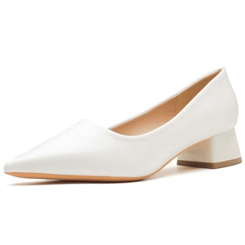 Klassische Pumps Damen Blockabsatz Spitze Zehen Modell Kleider Bequeme Niedriger Absatz Hochzeits-Schuh Für Büro Pendeln Und Vorstellungsgespräch Weiches Futter,White(Heel:5cm),37 EU von MiaZane