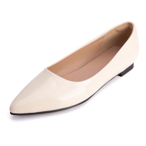 Klassische Pumps Damen Mit Spitzer Zehe Ballettschuhe Flacher Absatz Schlupfschuhe Court Shoes Aus Lackleder Für Büro Und Täglichen Tragen,Beige,47 EU von MiaZane