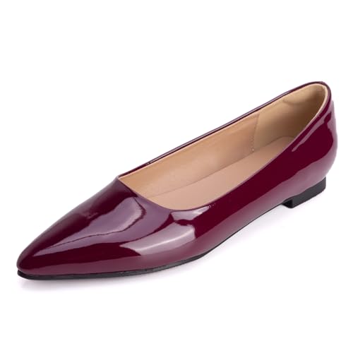 Klassische Pumps Damen Mit Spitzer Zehe Ballettschuhe Flacher Absatz Schlupfschuhe Court Shoes Aus Lackleder Für Büro Und Täglichen Tragen,Burgundy,46 EU von MiaZane