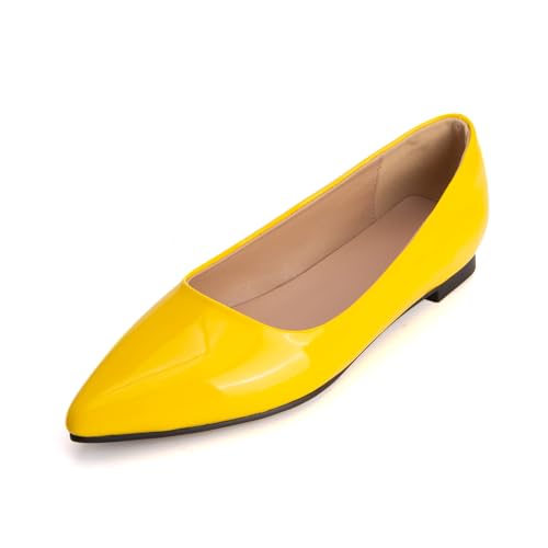 Klassische Pumps Damen Mit Spitzer Zehe Ballettschuhe Flacher Absatz Schlupfschuhe Court Shoes Aus Lackleder Für Büro Und Täglichen Tragen,Gelb,40 EU von MiaZane