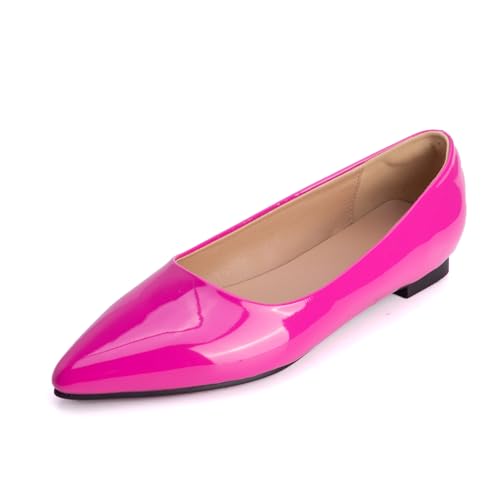 Klassische Pumps Damen Mit Spitzer Zehe Ballettschuhe Flacher Absatz Schlupfschuhe Court Shoes Aus Lackleder Für Büro Und Täglichen Tragen,Hot pink,44 EU von MiaZane