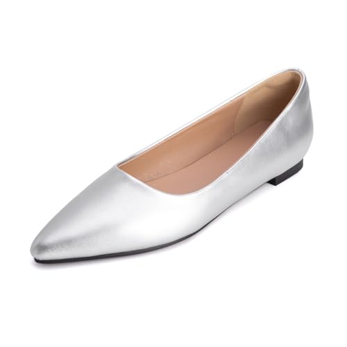 Klassische Pumps Damen Mit Spitzer Zehe Ballettschuhe Flacher Absatz Schlupfschuhe Court Shoes Aus Lackleder Für Büro Und Täglichen Tragen,Silber,51 EU von MiaZane