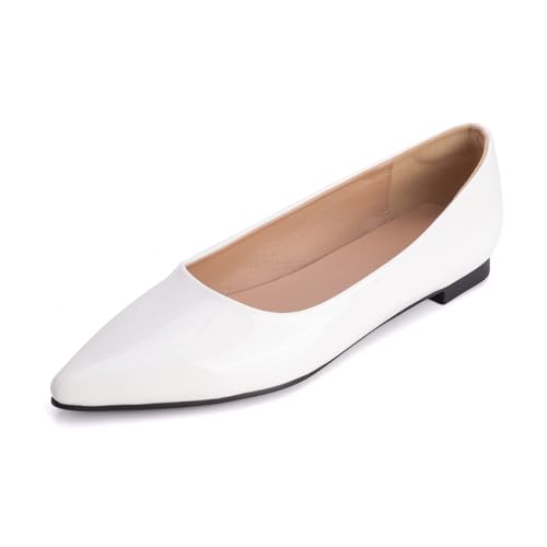 Klassische Pumps Damen Mit Spitzer Zehe Ballettschuhe Flacher Absatz Schlupfschuhe Court Shoes Aus Lackleder Für Büro Und Täglichen Tragen,Weiß,42 EU von MiaZane