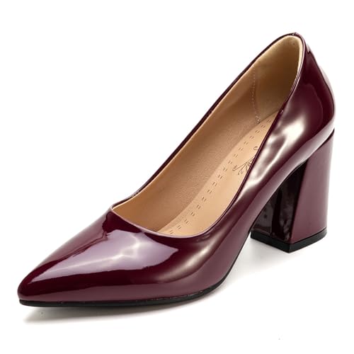 Klassische Pumps Damen Spitze Blockabsatz Elegante Hochzeits Und Partyschuhe Abendschuhe Slip On Design Für Büro Und Tägliches Tragen Erweiterte Größen Erhältlich,Burgundy,43 EU von MiaZane