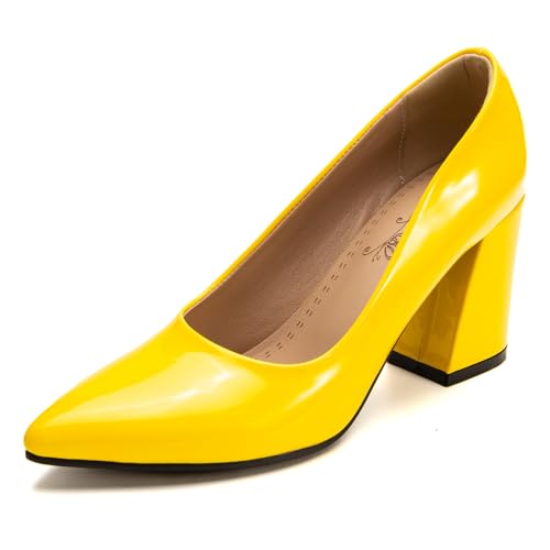 Klassische Pumps Damen Spitze Blockabsatz Elegante Hochzeits Und Partyschuhe Abendschuhe Slip On Design Für Büro Und Tägliches Tragen Erweiterte Größen Erhältlich,Gelb,34 EU von MiaZane