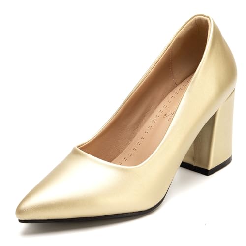 Klassische Pumps Damen Spitze Blockabsatz Elegante Hochzeits Und Partyschuhe Abendschuhe Slip On Design Für Büro Und Tägliches Tragen Erweiterte Größen Erhältlich,Gold,36 EU von MiaZane