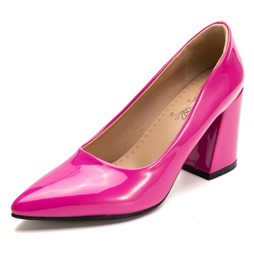Klassische Pumps Damen Spitze Blockabsatz Elegante Hochzeits Und Partyschuhe Abendschuhe Slip On Design Für Büro Und Tägliches Tragen Erweiterte Größen Erhältlich,Hot pink,44 EU von MiaZane