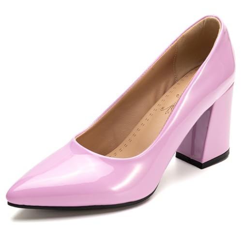 Klassische Pumps Damen Spitze Blockabsatz Elegante Hochzeits Und Partyschuhe Abendschuhe Slip On Design Für Büro Und Tägliches Tragen Erweiterte Größen Erhältlich,Lilac,45 EU von MiaZane