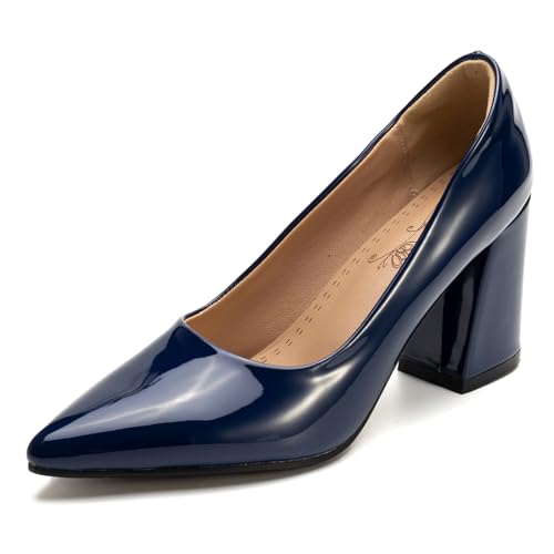 Klassische Pumps Damen Spitze Blockabsatz Elegante Hochzeits Und Partyschuhe Abendschuhe Slip On Design Für Büro Und Tägliches Tragen Erweiterte Größen Erhältlich,Navy Blue,34 EU von MiaZane