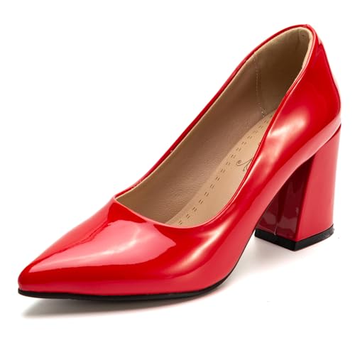 Klassische Pumps Damen Spitze Blockabsatz Elegante Hochzeits Und Partyschuhe Abendschuhe Slip On Design Für Büro Und Tägliches Tragen Erweiterte Größen Erhältlich,Rot,52 EU von MiaZane