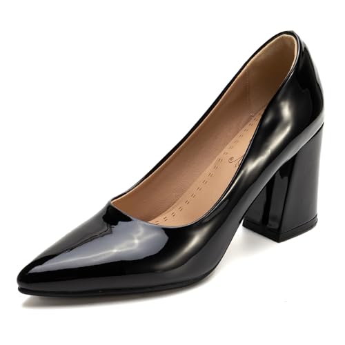 Klassische Pumps Damen Spitze Blockabsatz Elegante Hochzeits Und Partyschuhe Abendschuhe Slip On Design Für Büro Und Tägliches Tragen Erweiterte Größen Erhältlich,Schwarz,44 EU von MiaZane