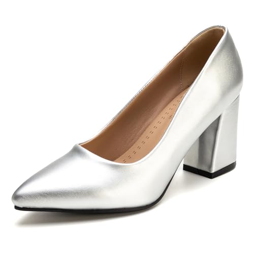 Klassische Pumps Damen Spitze Blockabsatz Elegante Hochzeits Und Partyschuhe Abendschuhe Slip On Design Für Büro Und Tägliches Tragen Erweiterte Größen Erhältlich,Silber,46 EU von MiaZane