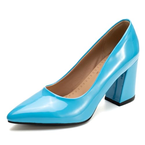 Klassische Pumps Damen Spitze Blockabsatz Elegante Hochzeits Und Partyschuhe Abendschuhe Slip On Design Für Büro Und Tägliches Tragen Erweiterte Größen Erhältlich,Sky Blue,49 EU von MiaZane