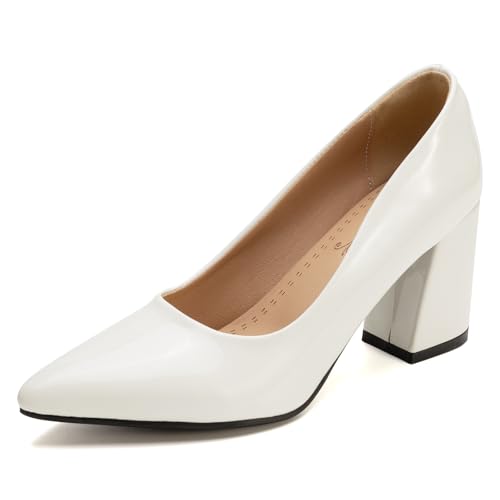 Klassische Pumps Damen Spitze Blockabsatz Elegante Hochzeits Und Partyschuhe Abendschuhe Slip On Design Für Büro Und Tägliches Tragen Erweiterte Größen Erhältlich,Weiß,39 EU von MiaZane