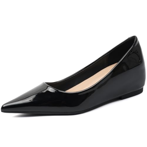 Klassische Spitzenschuhe Damen Ballerinas Versteckter Absatz Lackleder Pumps Schlupf Flache Schuhe Arbeit Für Täglichen Gebrauch rutschfeste Gummisohle,Black(Heel:3cm),40 EU von MiaZane