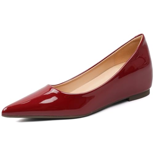 Klassische Spitzenschuhe Damen Ballerinas Versteckter Absatz Lackleder Pumps Schlupf Flache Schuhe Arbeit Für Täglichen Gebrauch rutschfeste Gummisohle,Burgundy(Heel:3cm),42 EU von MiaZane
