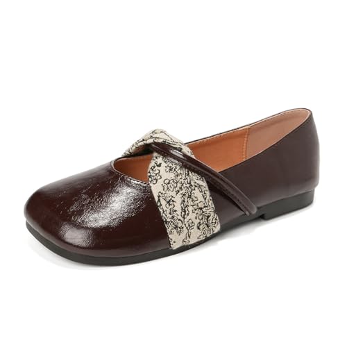 Mary Jane Pumps Damen Ballerina Stilvolle Cremefarbene Lackleder Schuhe Mit Fußgewölbe Unterstützung Bequem Quadratische Zehe Ballerina Schuhe Für Casual Büro Arbeit,Braun,36 EU von MiaZane