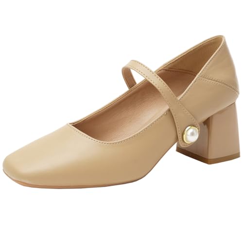Mary Jane Pumps Damen Blockabsatz Geschlossene Zehe Arbeitspumps Perlenknopf Riemen Quadratische Zehe Abendschuhe Hochzeitsschuhe Für Büro Und Tägliches Tragen,Apricot,36 EU von MiaZane