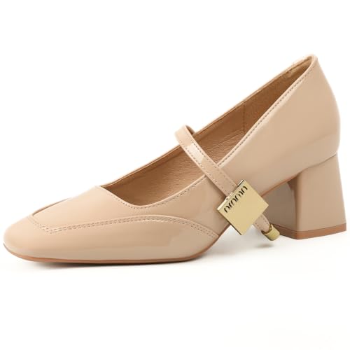 Mary Jane Pumps Damen Mit Blockabsatz Quadratische Zehe Hochzeitsschuh Für Täglichen Tragen & Büro Hochglanz Lackleder,Almond,35 EU von MiaZane