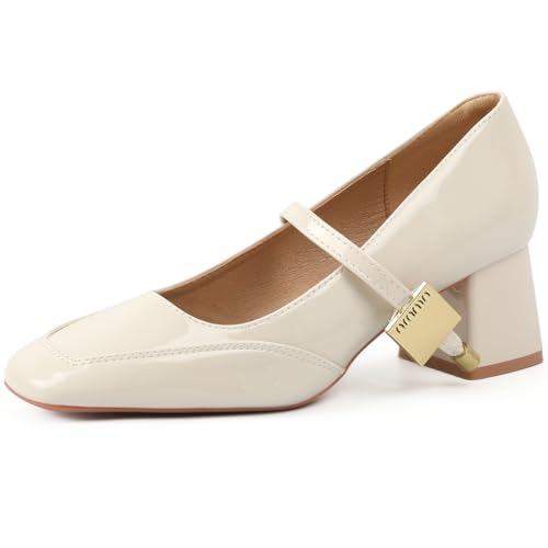 Mary Jane Pumps Damen Mit Blockabsatz Quadratische Zehe Hochzeitsschuh Für Täglichen Tragen & Büro Hochglanz Lackleder,Beige,39 EU von MiaZane