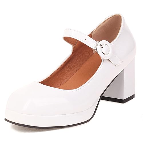 Mary Jane Pumps Damen Plateau Arbeitspumps Dicker Blockabsatz Mit Schnallenriemen Quadratische Zehe Glattleder Halbschuhe Abendschuhe Für Hochzeit,Weiß,41 EU von MiaZane