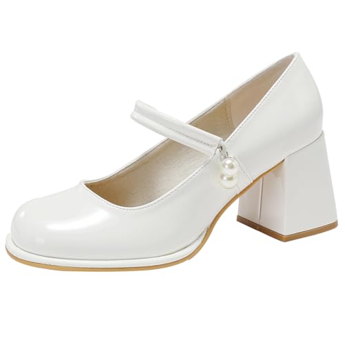 Mary Jane Schuhe Damen Aus Glattleder Dicker Blockabsatz Gepolsterter Komfort Pumps Weite Passform Runde Spitze Arbeits Abend Party Schuhe Hochzeit Und Abendgarderobe Anlässe,White(Heel:7cm),35 EU von MiaZane
