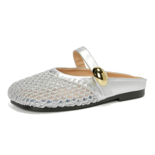 Mesh Mules Hausschuhe Damen Schlupf Sandalen Mit Flachem Absatz Weißes Spitzenmuster Und Goldener Knopf Gewebte Offene Spitze Bequeme Slides Für Täglichen,Silber,39 EU von MiaZane