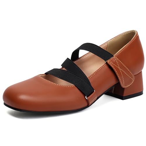 MiaZane Ballettschuhe Damen mit Elastischen Riemen Slip On Schuhe Niedriger Blockabsatz Colorblock Quadratische Zehe Mary Jane Flats für Frühling und Herbst Bürokleidung,Braun,42 EU von MiaZane