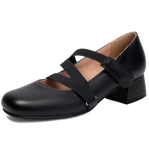 MiaZane Ballettschuhe Damen mit Elastischen Riemen Slip On Schuhe Niedriger Blockabsatz Colorblock Quadratische Zehe Mary Jane Flats für Frühling und Herbst Bürokleidung,Schwarz,37 EU von MiaZane
