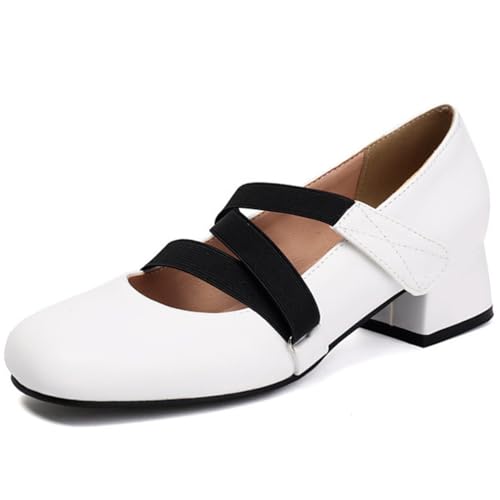 MiaZane Ballettschuhe Damen mit Elastischen Riemen Slip On Schuhe Niedriger Blockabsatz Colorblock Quadratische Zehe Mary Jane Flats für Frühling und Herbst Bürokleidung,Weiß,37 EU von MiaZane