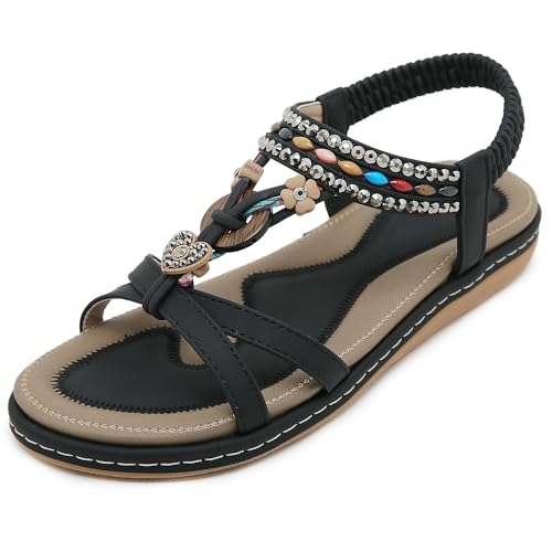 MiaZane Bohemian Damen Sandalen Flach Mit Strass Verziert Elastischer Knöchelriemen Fußgewölbe Unterstützung Bequeme Sandalen Offene Zehen Orthopädische Slide Für Strand Und Urlaub,Schwarz,37 EU von MiaZane