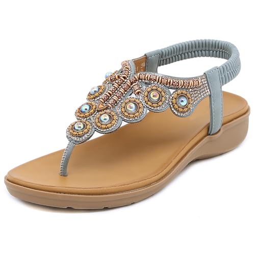 MiaZane Bohemian Damen Sandalen Flache Damen T Riemen Thong Sandalen Bequemer Keilabsatz Elastische Slingback Runde Zehen Für Strandurlaub Und Sommerkleidung,Grau,42 EU von MiaZane