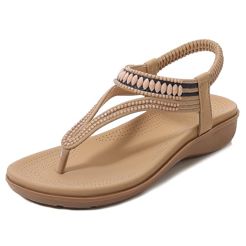 MiaZane Bohemian Damensandalen Fußgewölbe Unterstützung Elastische Slingback Perlen Thong Niedriger Keilabsatz Flache Sandalen Für Frühling Und Freizeitkleidung,Apricot,35 EU von MiaZane
