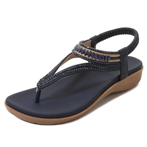 MiaZane Bohemian Damensandalen Fußgewölbe Unterstützung Elastische Slingback Perlen Thong Niedriger Keilabsatz Flache Sandalen Für Frühling Und Freizeitkleidung,Blau,38 EU von MiaZane