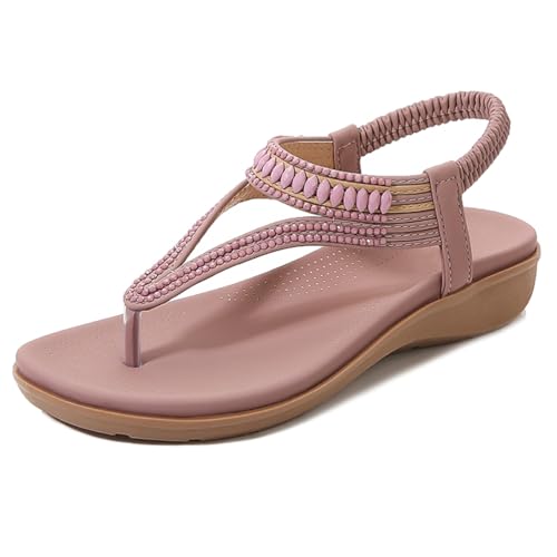 MiaZane Bohemian Damensandalen Fußgewölbe Unterstützung Elastische Slingback Perlen Thong Niedriger Keilabsatz Flache Sandalen Für Frühling Und Freizeitkleidung,Lila,38 EU von MiaZane