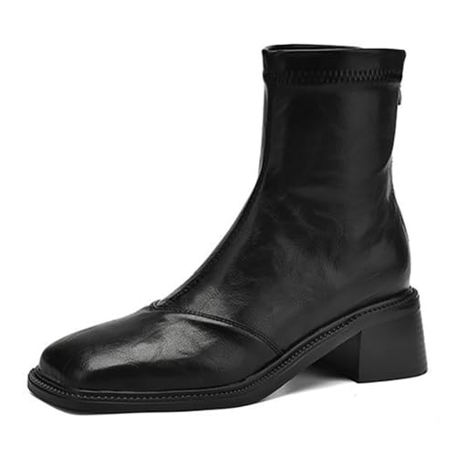MiaZane Chelsea Stiefel Damen Mode Stiefelette Knöchel Klassisch Niedriger Absatz Quadratische Zehe Schlupf Schuhe für Streetwear & Lockerer Ausgang Schwarz Braun,Black (Thick),37 EU von MiaZane