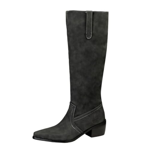 MiaZane Cowboy Stiefel Damen Kniehoch Western Klobiger Blockabsatz Runde Zeh Schlupf Lange Stiefel für Herbst & Winter Streetwear & Lockerer Ausgang Mikrofaser,Schwarz,38 EU von MiaZane