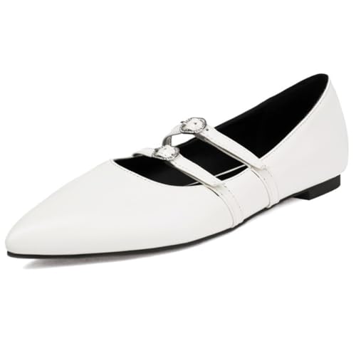 MiaZane Damen Ballett Mary Jane Flache Schuhe Spitz Komfortabel Freizeit Slip-On Flache Schuhe Für Arbeit Büro Alltag Mit Doppel Schnallen,Weiß,41 EU von MiaZane