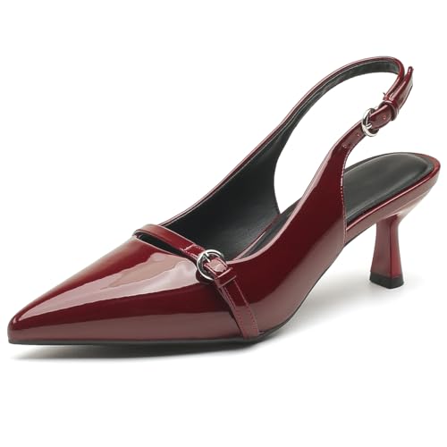 MiaZane Damen Court Sandalen mit Spitzer Zehe Slingback Pumps mit Kitten Absatz aus Lackleder Abendschuhe für Hochzeitsempfang & Cocktail Party,Burgundy,36 EU von MiaZane